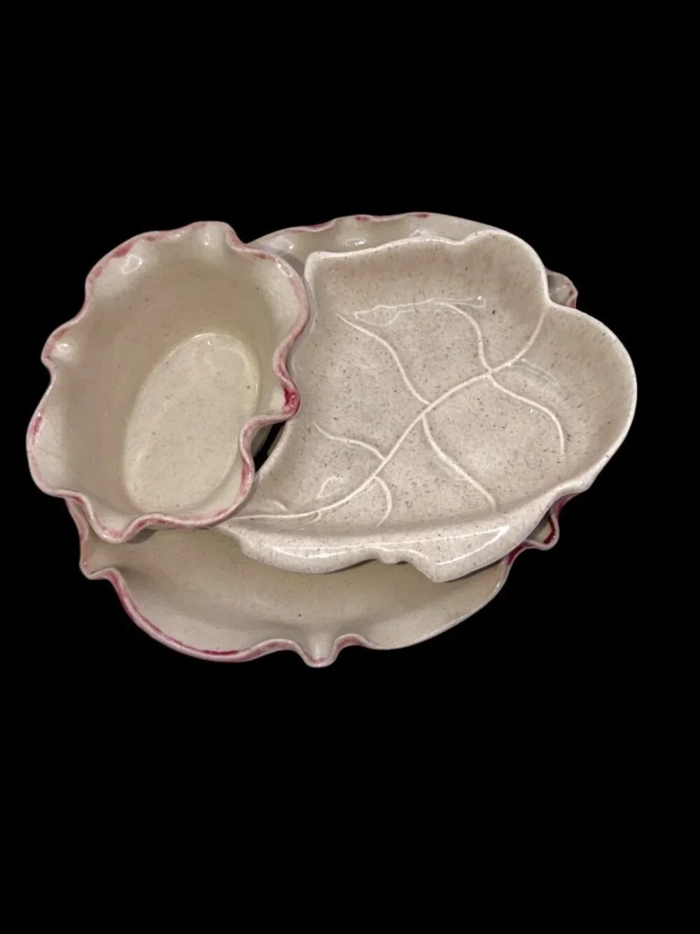 VTG Monique Duclos Signed Studio Pottery 3-Piece Serving Set Leaf Dish Ruffle